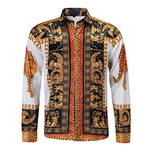 Mens Luxury Brand Printed Silk Like Satin Button Down Dress Shirt for Party Prom Long Sleeve Slim Fit Floral Nightclub Shirt, Multicolored37, XXXXL