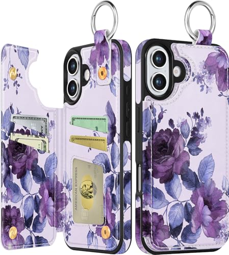 Shorogyt Compatible with iPhone 17 Wallet Case with Card Holder - Cute Purple Flower Design Kickstand for Magnetic Clasp Back Flip Folio Leather Phone Covers for Women Men Girls