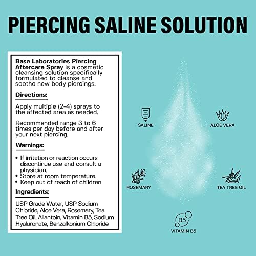 Base Labs Piercing Aftercare Spray 4oz Cleanses, Sterilizes & Soothes Saline Solution for Piercings Piercing Aftercare Healing Treatment for Ears, Nose, Body, Belly Piercings 120ml - 1