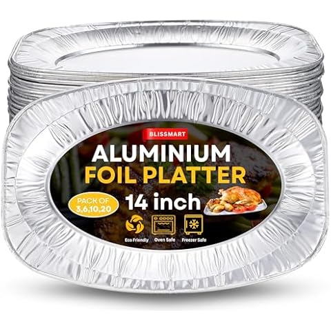 BLISSMART Foil Platters 10pk Large Aluminium Foil Platter Serving Party Trays Oven and Freezer Safe Reusable Serving Platter Set Recyclable Trays Multipack Cover