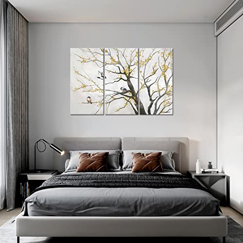 Yaynice 3 Piece Bird On The Tree Canvas Wall Art With Gold Foil Picture Print Modern Abstract Wall Painting Artwork Wall Décor For Bedroom Living Room Bathroom Office #TOP3