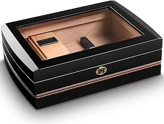 Handcrafted Cedar Humidor Box with Digital Hygrometer, Cedar Cigar Box with Tempered Glasstop, Cigar Accessories Cigar Gifts for Men for 30 Cigars
