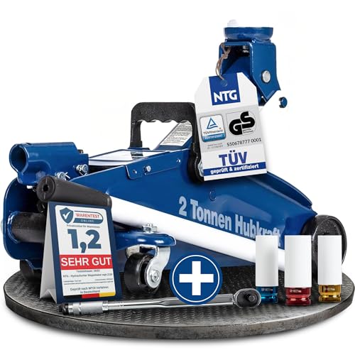 NTG Gato hidráulico certificado por TÜV - 2 t 2000 kg 130-330 mm para coche y taller con llave de torque y tuercas protectoras para llantas de aluminio