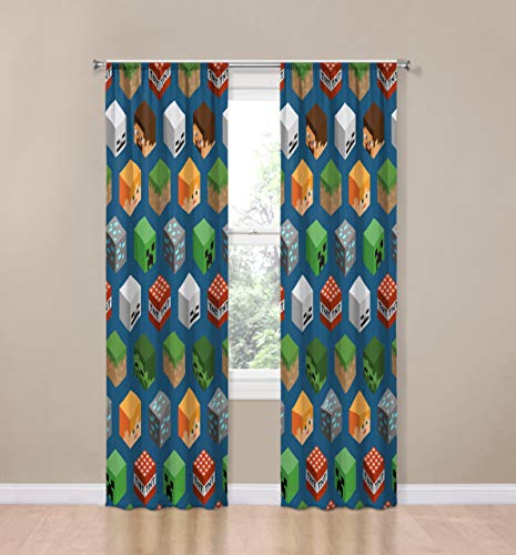 Image of Jay Franco Minecraft Isometric Blue 84 inch Inch Drapes 4 Piece Set - Beautiful Room Decor & Easy Set Up, Bedding Features Creeper - Window Curtains Include 2 Panels & 2 Tiebacks
