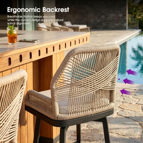 Image of PURPLE LEAF Swivel Counter Height Bar Stools Set of 2, Cushion, Drak Grey | 360 Rotating, All-weather Wicker, Heavy Duty Aluminum, Removable Cushion, Ergonomic Backrest, Indoor Outdoor, Easy Clean