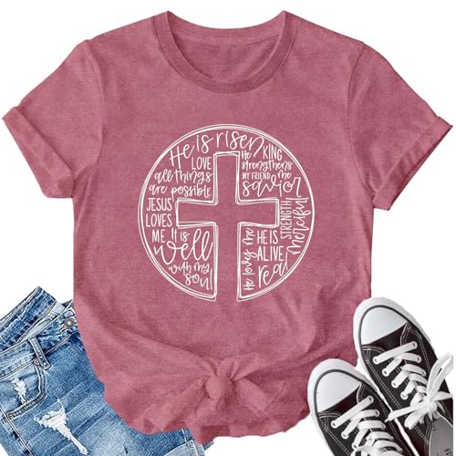 LBP Christian Shirt for Women Christian Cross T Shirt He is Risen Tee Faith Casual Tops Pink