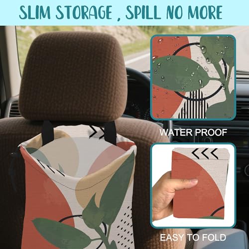 Image of Car Garbage Bag Vintage Ink Floral and Geometric Drawstring Car Trash Bag Hanging for Back Seat with Adjustable Buckle Canvas Vehicle Trash Can Easy-to-Install