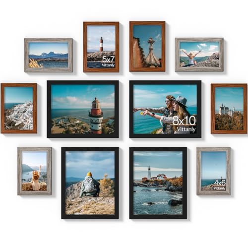 Image of Vittanly 12 Pack Picture Frames Collage Wall Decor for Mounting or Tabletop, Gallery Wall Frame Set for Family, Multi Sizes Including 8x10, 5x7, 4x6, Black & Walnut Brown & Dark Grey