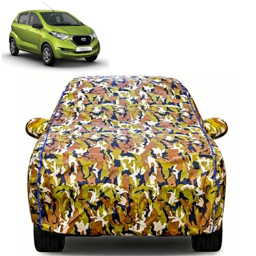 Image of Waterproof Car Body Cover for Datsun Redi Go with Mirror Pocket| Cotton Inner Lining | Triple Stitched | All Weather Protection | Dust, UV & Rain Proof (Camouflage with Blue Piping)