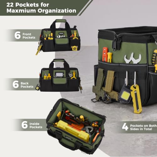 Image of 16-Inch Heavy Duty Tool Bag, 22 Pockets Empty Tool Box Organizer Storage, Soft Large Tote Toolbox Organization Portable Handle Carry Drill Toolbag for Handyman Home DIYer, Dad Men Gifts, Green