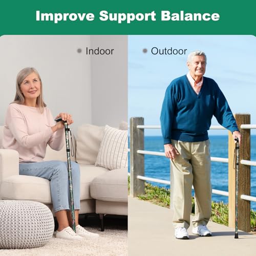 Image of MFE Folding Cane, Portable 5-Level Adjustable Height Walking Stick with Foldable Design, Wrist Strap, and T Handle for Men and Women (Green Floral)