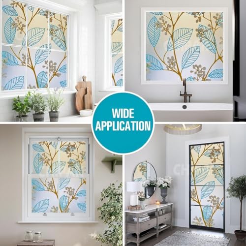 Image of CHIPAK Premium Vinyl Privacy Stained Window Glass Film (16x200 Inch) - Self-Adhesive Decorative Sticker Opaque Sheet Tint Wallpaper for Glass Cover Window, Door, Office, Home.| Anti-UV. Blue Leaves