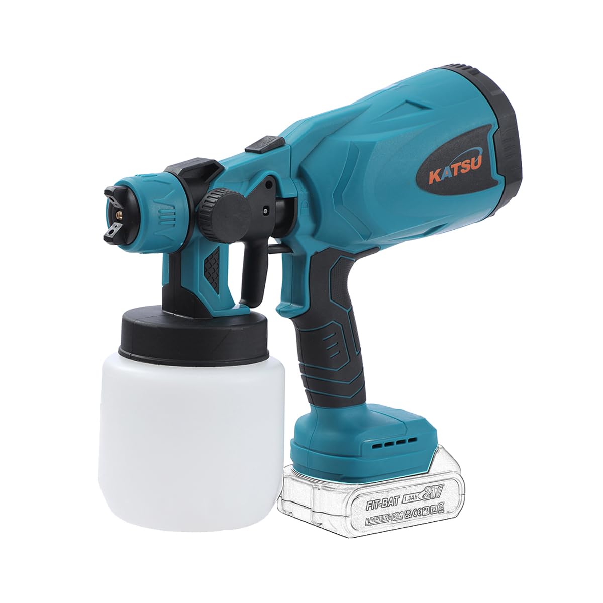 KATSU FIT-BAT 21V Cordless Paint Sprayer 800ml Wireless Electric Spray Gun with 1.8mm 2.0mm Copper Nozzles, for Painting Ceilings Fences Walls Furnitures, No Battery and Charger