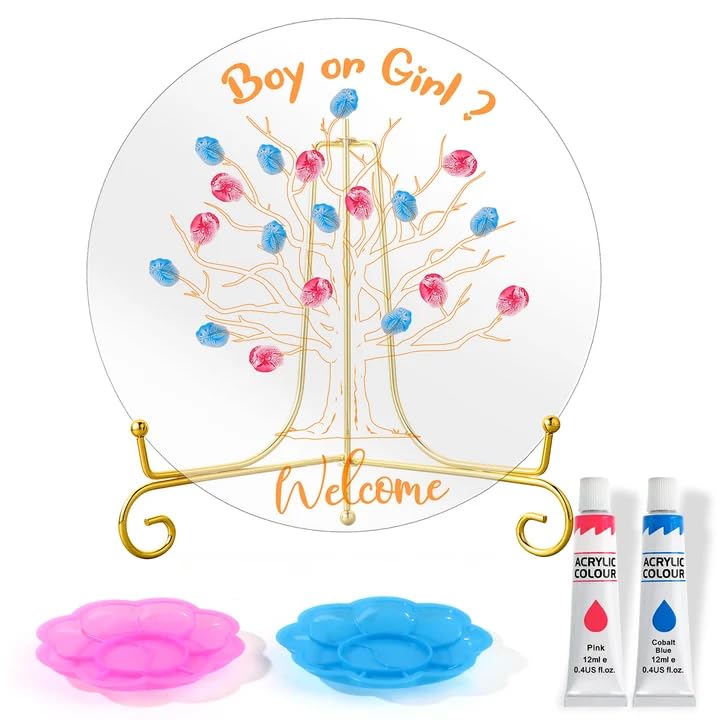 Gender Reveal Fingerprint Tree Acrylic Baby Shower Guest Book for Boy or Girl Gender Reveal Games Decorations Gift Keepsake