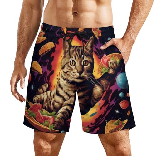 Cute Cat Men's Swim Trunks with Compression Liner Summer Bathing Suit Beach Shorts with Pockets