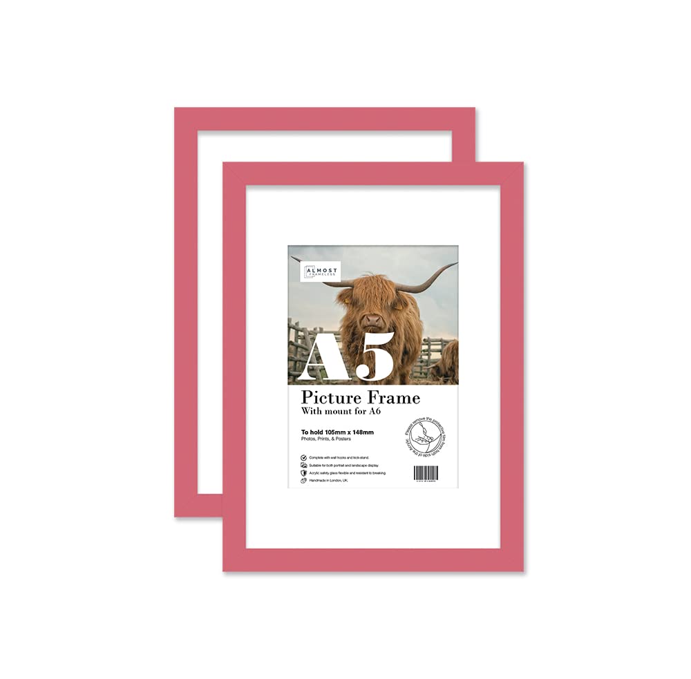 Almost Frameless A5 Pink Picture Frame Set of 2, Display A6 Pictures with Mount or A5 Without Mount Gallery Wall, Poster, Photo, Artwork, or Print, Pink