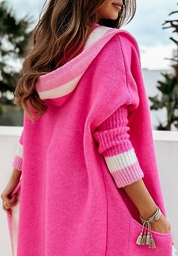 Image of Women's Fall Casual 2026 Color Block Open Front Cardigan Oversized Hooded Long Coatigan Coat Sweaters