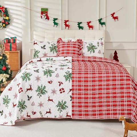 EVENHUG Queen Size Quilt Christmas Theme Bedding Set with Pillow Shams Reversible Bedspread Coverlet Lightweight Christmas Holiday Bed Cover for Bedroom Home Decoration (92"x96") Cover