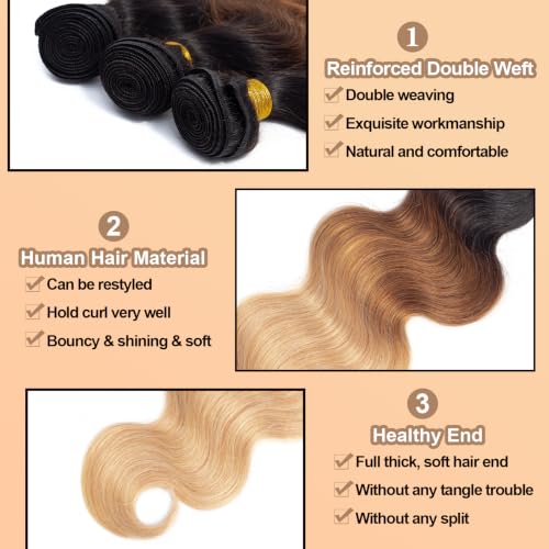 Image of 16A Ombre Body Wave Bundles Human Hair (T1B /30 /27,14 inch 16 inch 18 inch 20 inch) 100% Real Human Hair Triple Lifespan Virgin Human Hair Bundles, Silky Thick Full, Body Wave Human Hair Weave Bundles