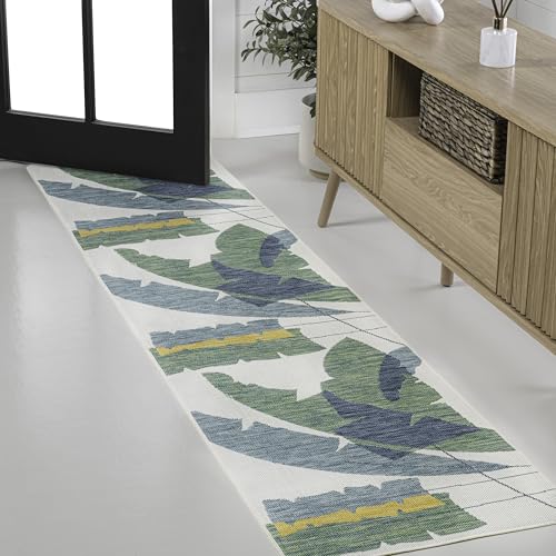 JONATHAN Y Abstract Palm Leaf Indoor Outdoor Runner Rug 2X8 Green/Cream, Shelby Coastal Vintage for Backyard, Patio, Porch, Easy-Cleaning, High Traffic, Pet-Friendly, Non-Shedding (TSN403B-28)