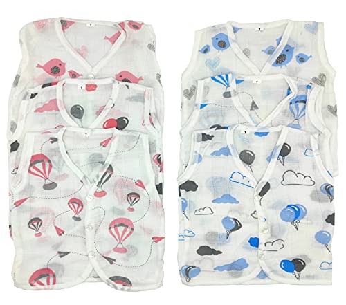 Shop4Dreams New Born GOTS Certified Soft Organic Muslin Cotton Button Jhabla/Zabla/Vest/Tank Top/Summerwear Sleeveless Multiprint (Set of 6)