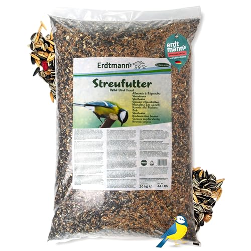 Erdtmanns Streufutter für Wildvögel – Futtermischung mit Sonnenblumenkernen, Hirse & Getreide – energiereiches Vogelfutter für Ganzjahresfütterung – für Garten, Balkon & Futterhaus (20 kg)