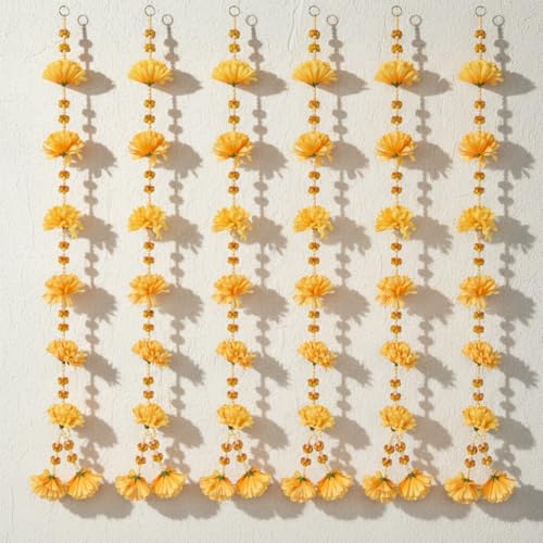 Image of Rajasthan Kraft Set of 4 Yellow Floral Strings (39 Inch) ? Artificial Flower & Crystal Bead Hangings for Home, Balcony & Festive Decor ? Traditional Indian Latkan for Housewarming, Pooja & Weddings