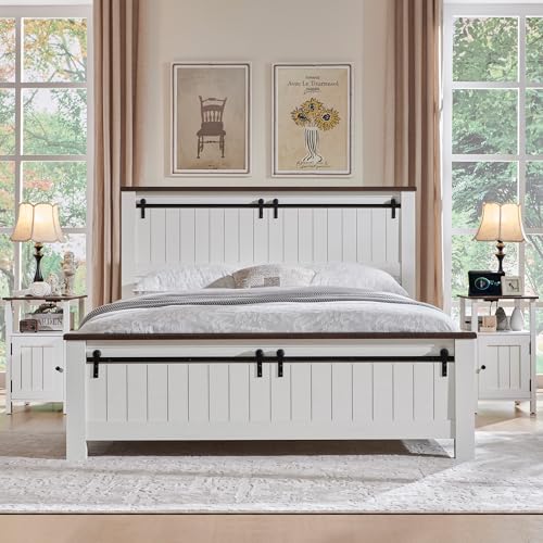 Image of IFBUY Farmhouse Nightstands Set of 2, Narrow Bedside Table with Charging Station, Night Stand Set 2 with Storage & Open Shelf, End Tables w /Groove Barn Door for Bedroom, Living Room-Antique White