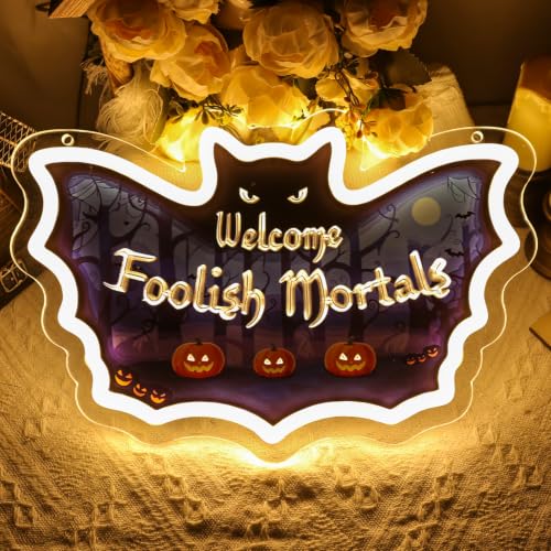 Image of Welcome Foolish Mortals Neon Sign Halloween Bat LED for Wall Decor Spooky Gothic Haunted Mansion Decor for Halloween Party Man Cave Home Bar Haunted House Gifts