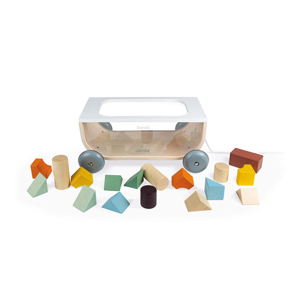 Janod - Chariot de Cubes Sweet Cocoon - Jouet d'Eveil 2 en 1, Chariot de Marche en Bois à Tirer + Jeu d'Empilement avec 17 Cubes en bois - Peinture à l'Eau - A Partir de 12 mois, J04407