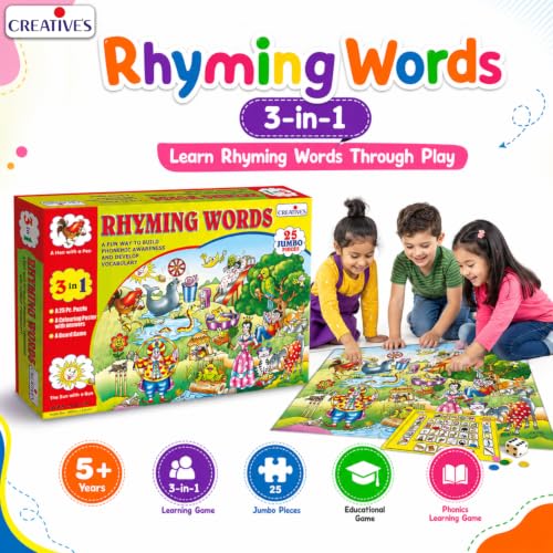 Image of Creative's Rhyming Words 3-in-1, Phonemic Awareness Game, 25 Jumbo Puzzle 24 Pairs Colouring Poster Board Game Dice, Early Reading, Vocabulary Spelling Skills Language Educational Games, Ages 5 & Up