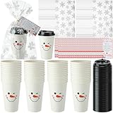 Funnymoom 50 Pack Christmas Snowman Disposable Cups with Lids Snowflake Cellophane Bags with Twist Ties Hanging Xmas Soup Tags Snowman Paper Cups for Hot Cocoa Chocolate Winter Holiday Party (16oz)