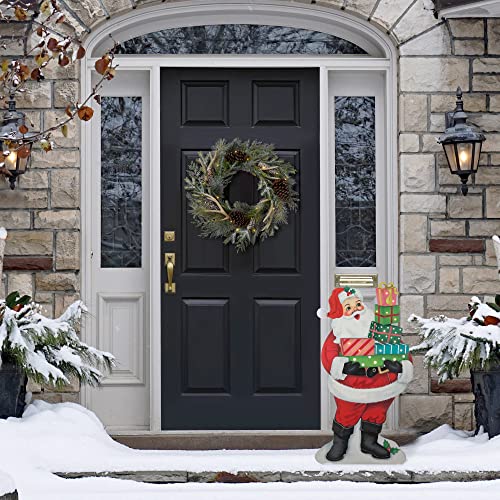Image of Glitzhome 36 inch H Lighted Christmas Santa with Gifts Porch Sign Wooden Standing Santa Porch Decor Rustic Merry Christmas Welcome Sign Holiday Party Outdoor Indoor Xmas Decorations