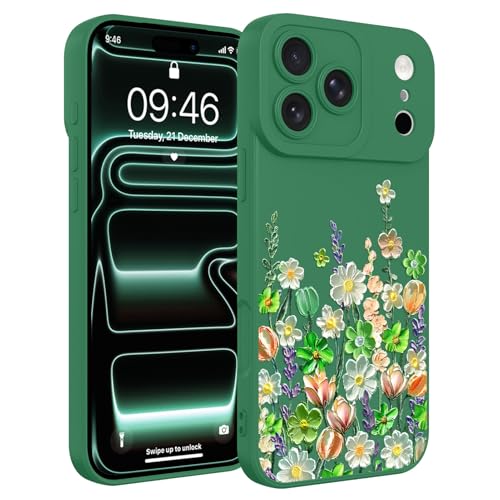 Image of Designed for iPhone 17 Pro Max Case Floral for Women Girls, Green | Cute Oil Painting Flower Pattern Liquid Silicone Phone Case [Full Camera Protection] Slim Soft TPU Protective Cover
