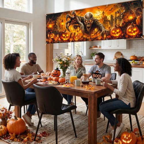 Image of Halloween Banner 118x35.4 Inch Scary Skeleton Pumpkin Party Decoration Backdrop, Creepy Skull Jack O Lantern Outdoor Yard Sign for Festival Celebration, Fence Wall Porch Indoor Outdoor