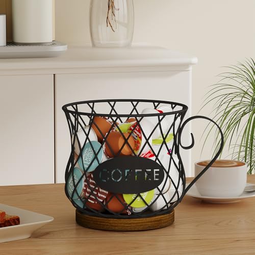 Image of YINMIT K Cup Holder Organizer, Rustic Coffee Pod Holder Organizer, 35 Kcup Holder for Counter with Handle,Large Capacity Black Wire Coffee Capsule Basket for Kitchen Office Desktop (Circular Grid)
