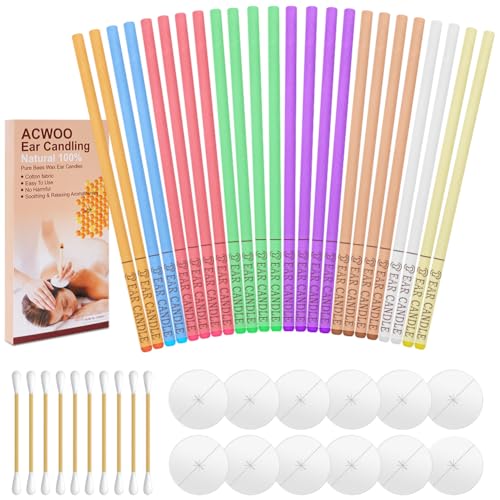 ACWOO Bougies d'Oreilles, 24 Bougie en Cire Auriculaire avec 12 Disques de Protection, Bougies Auriculaires en Cire d’Abeille Naturelle, Pour Détendez-vous...
