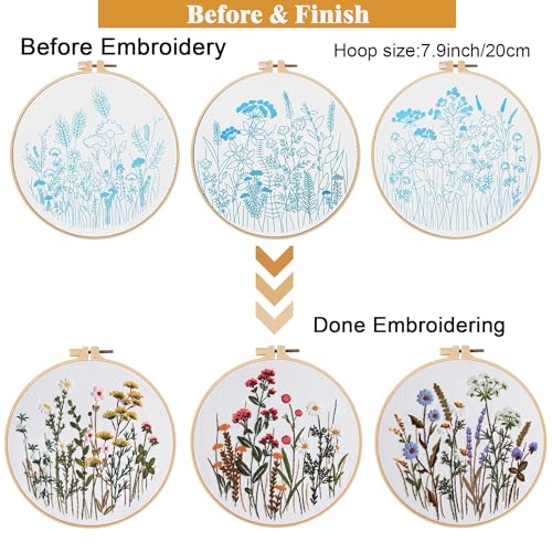 Image of GLTAYLMY Flower Embroidery Kit for Beginners with Pattern and Instructions,3 Pack Cross Stitch Kits,1 Plastic Embroidery Hoops,Threads and Needles,Needlepoint Kit for Adults