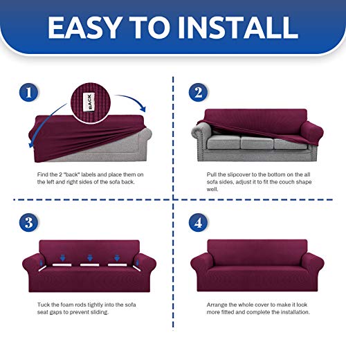 KEKUOU Stretch Oversized Sofa Slipcover 1 Piece Couch Sofa Cover (94"-110") Furniture Protector 4 Seater Sofa with Elastic Bottom for Kids,Pet.Jacquard Checked Pattern Fabric(X Large,Wine)