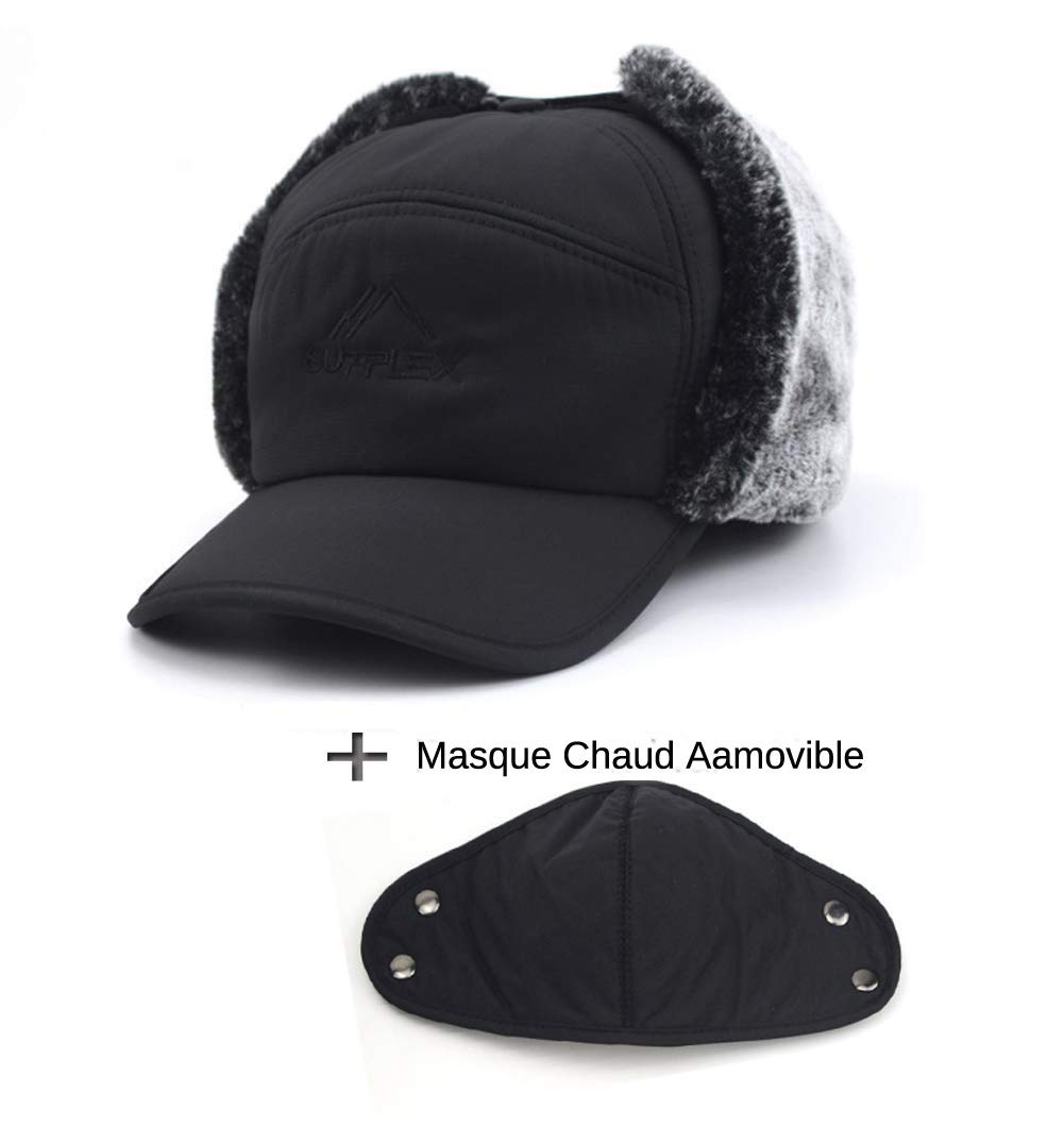 Chapka Homme Femme Chapeau de Trappeur 3 en 1 Doublure Fourrure Thermique avec Oreillette Masque Facial Cache-Cou Anti-Vent/Froid Casquette de Baseball Hiver Chaud pour Cyclisme Moto Ski Snowboard