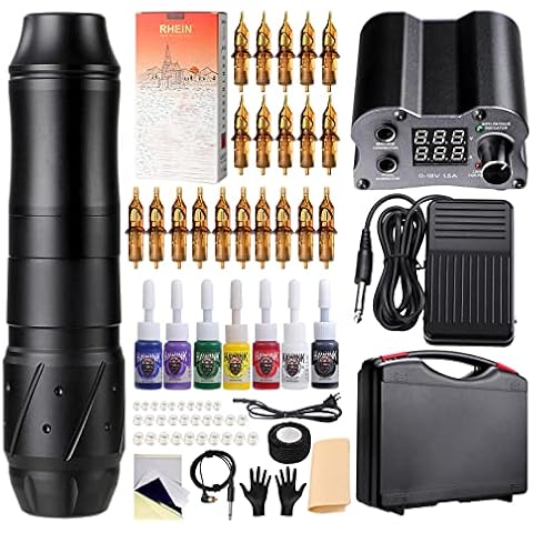 HAWINK Tattoo Kit Complete Rotary Tattoo Machine Pen Kit LED Power Supply 20Pcs Cartridges Needles 7 Colors Ink Foot Pedal for Beginners EM155KITEN02 (EM155KITEN02-1-UK) Cover