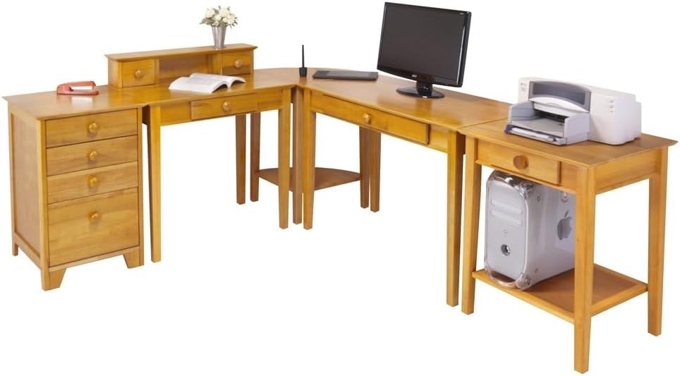 Furnifact 5-Piece Home Office Workstation Set, Writing Computer Desk, Corner End Table, Hutch, File Cabinet, Gold