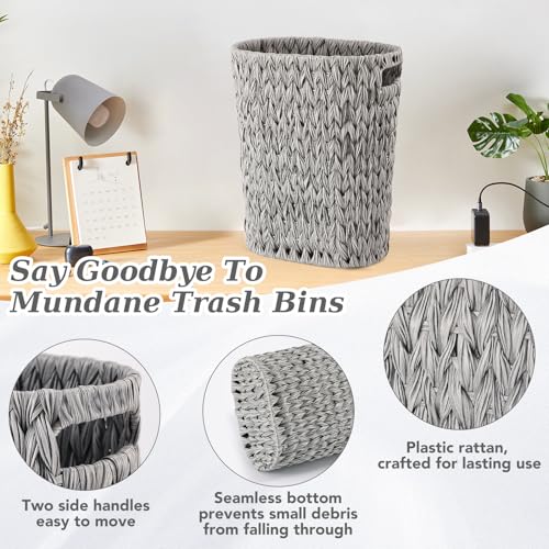 Image of BSSN Wicker Trash Can and Square Tissue Box Cover, 4 Gallon Water Hyacinth Bathroom Trash Can, Handwoven Napkin Holder, Narrow Small Waste Basket, Rustic Decorative Home Set for Bedroom,Office (Grey)