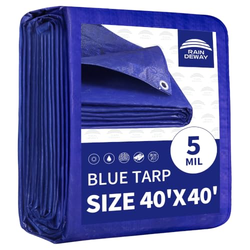 RAINDEWAY Tarps 40x40 Feet 5 Mil Thick Waterproof Blue Tarp Multipurpose Tear Resistant Poly Tarp Cover for Roof Camping Car Patio