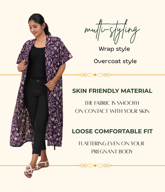 Image of MENMAII Cotton Feeding Robe for Women | Soft Breathable Maternity & Nursing Wear | Front Open Easy Feeding Access | Comfortable Nightwear for New Moms|Calf Length [Size: L,XL,XXL,3XL /FS]