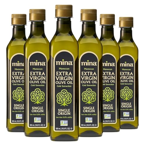 Mina Moroccan Olive Oil Extra Virgin 16.9 Fl Oz (Pack of 6), New Harvest, Polyphenol Rich Olive Oil, Single Origin Extra Virgin Olive Oil, Cold Extraction, Less than 0.2% Acidity, 500 ml Each