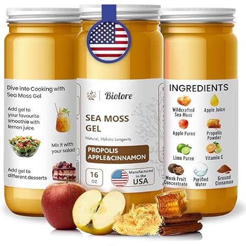 Biolore Sea Moss Gel 7700mg Propolis 500mg Made in USA Raw Wildcrafted Irish Seamoss Vitamins Trace Minerals Vegan Superfood for Immune Support, Jam, Jelly & Sweet Spread Gifts (Propolis-Apple-Cinnamon 16OZ) Cover