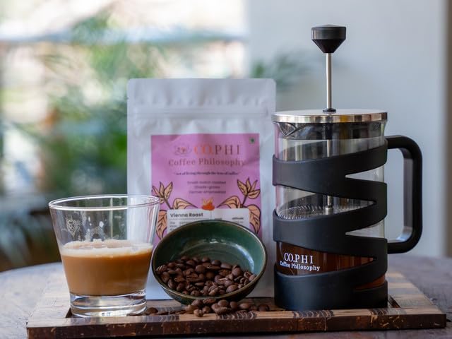 Image of CO.PHI French Press Coffee Maker, 800ml German Borosilicate Glass Carafe, Stainless Steel Filter, Ergonomic Handle, Black Spiral Design with 100 gms Vienna Roast Ground Coffee