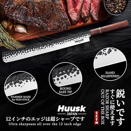 Image of Huusk Japanese Brisket Carving Knife - 11 inch Slicing Knife for Meat Cutting | Made by High Carbon Steel, Hand Forged Ultra Sharp Brisket Slicer with Wood Handle for BBQ Grilling Roast, Gift Idea for Men