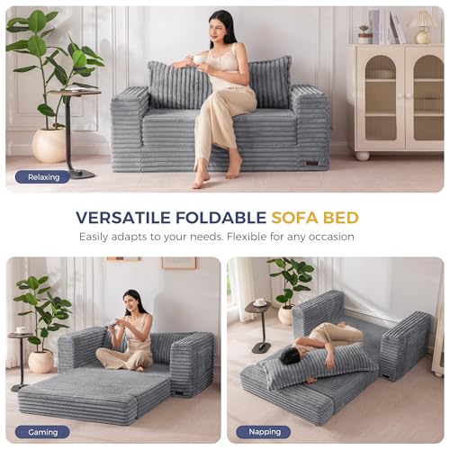Image of MAXYOYO Convertible Sofa Bed, 2 in 1 Folding Couch Bed for Small Space, Pull Out Loveseat Sofa Couch with Large Back Pillow, Plush Faux Fabric Lounge Couch for Living Room, Apartment, Grey